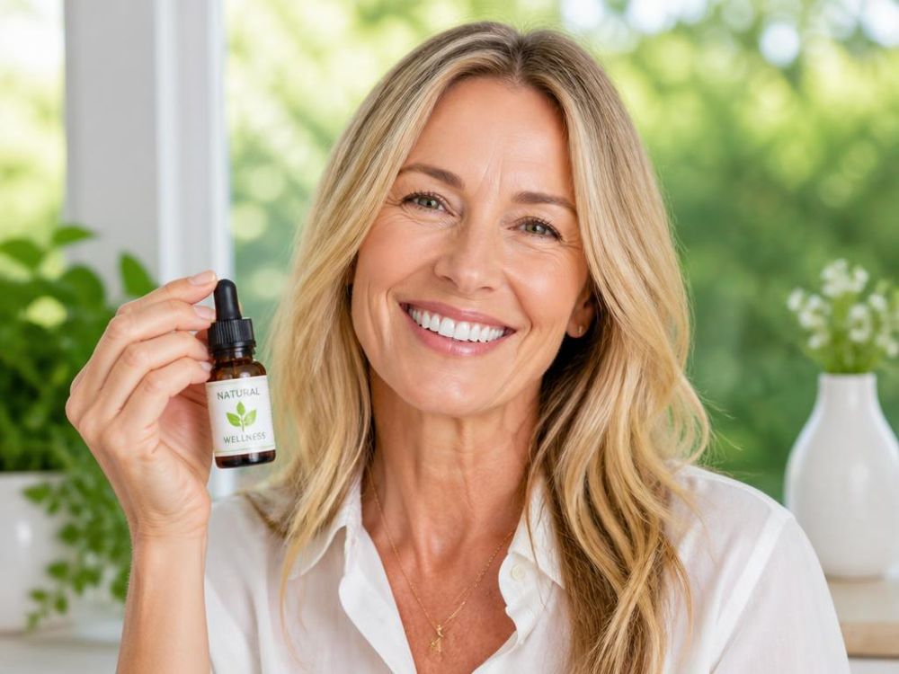 Woman smiling with healthy teeth and gums holding Dentitox Pro drops