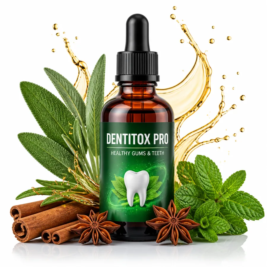 Dentitox Pro liquid oral health supplement bottle with mint, sage and cinnamon