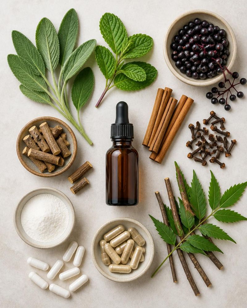 Natural ingredients of Dentitox Pro: sage, mint, cinnamon, cloves, elderberry, licorice root and neem